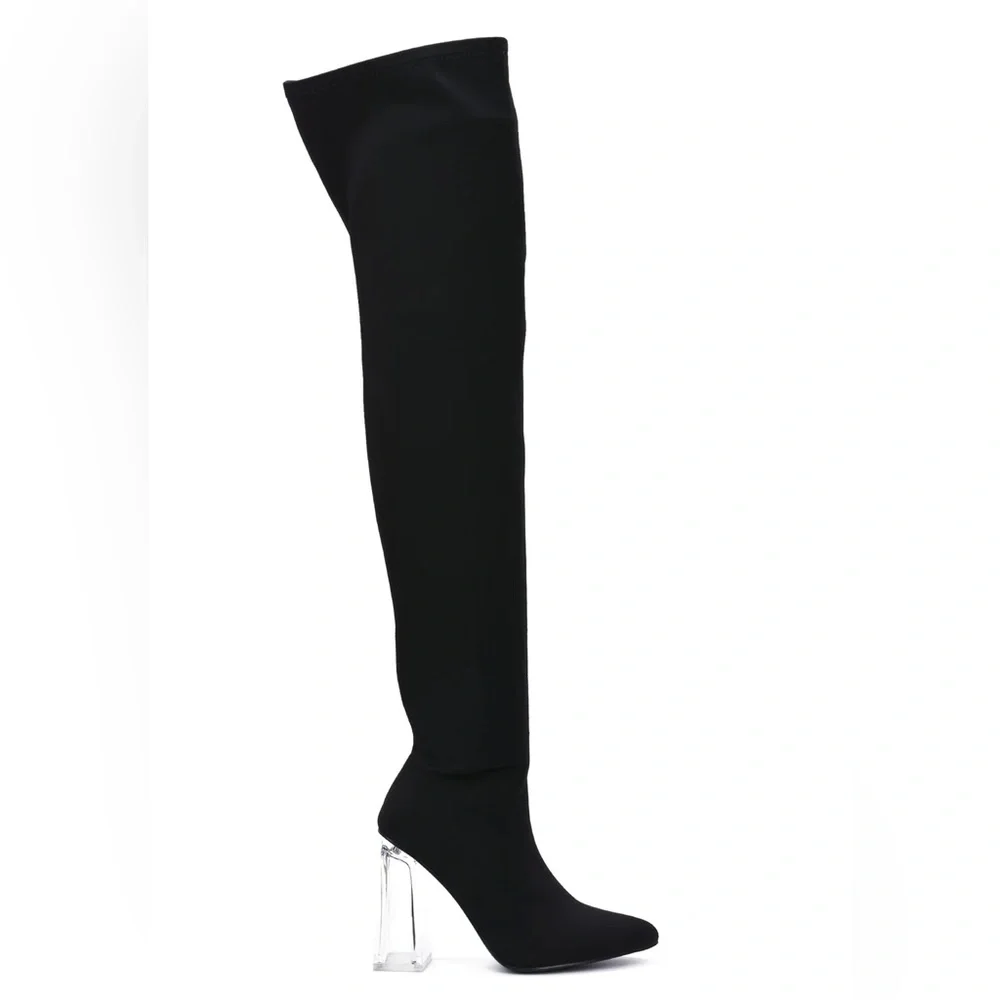 Black High Knee Clear Heeled Boot - Picture 3 of 6